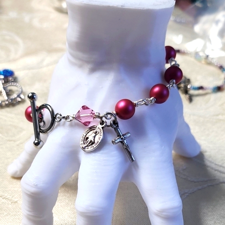 Silver And Pink Raspberry Beaded Bracelet With Charm!